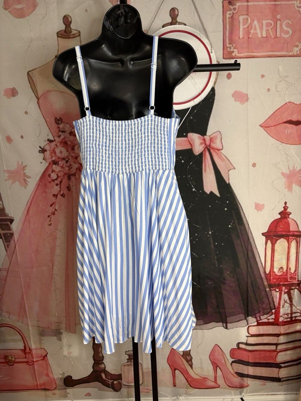 Old Navy Blue and White Striped Cami Fit and Flare Dress Smocked Size S - Picture 5 of 10